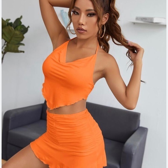 SHEIN BAE‎ Neon Orange Tie Back Bandana Halter Top & Ruched Skirt Set - Picture 3 of 7